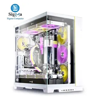 Lian Li O11 DYNAMIC EVO XL White Full-tower case with tempered glass, supports E-ATX motherboards, up to 3x 420mm radiators, 11 fans, 7 drives, GPU clearance 460mm, dual-chamber design, multiple I/O ports.
