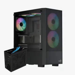 Aerocool B508A Flow LUX 650W Mid Tower case with tempered glass GPU support up to 340mm and 650W 80Plus Bronze PSU